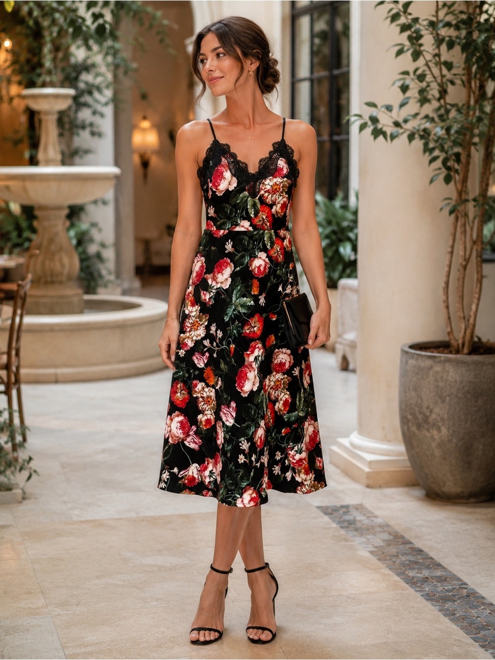 Floral Black and Red Midi Dress, new w/tags, size XS, Foxiedox by Anthropologie